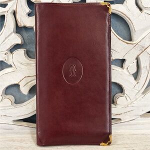Cartier Bordeaux Leather Bifold Long Wallet Gold Corner Accents Vintage